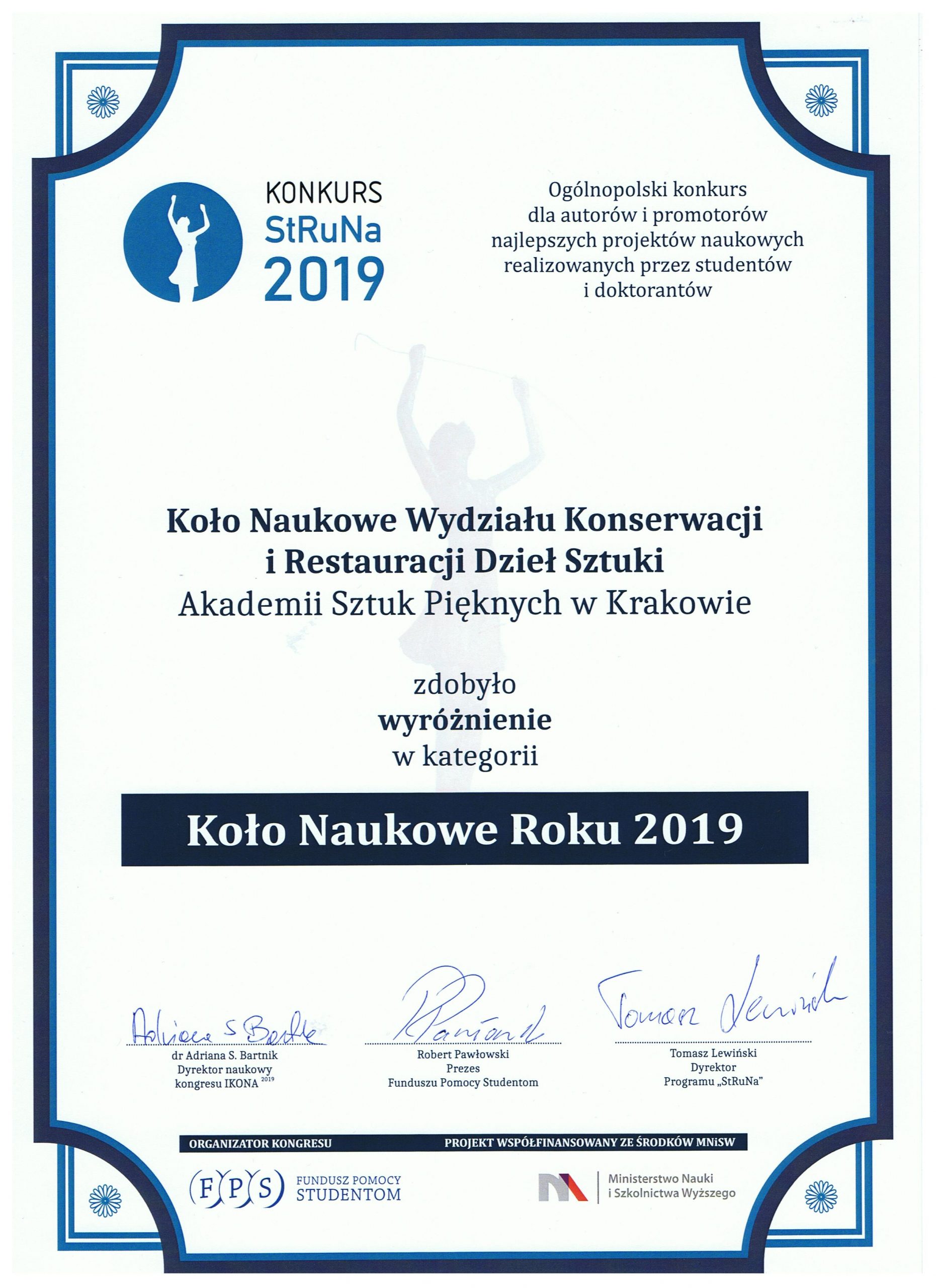 Koło Naukowe WKiRDS wyróżnione w Konkursie StRuNa 2019