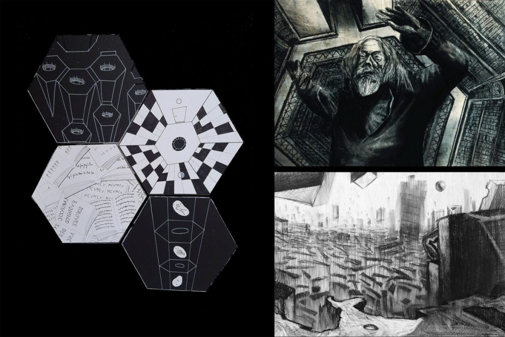 ćw. "Biblioteka Babel" - K. Dziurawiec (II rok), u góry z prawej: N. Smyła (II rok), na dole z prawej: A. Radzisz (III rok), Pracownia Rysunku Wieczornego, rok akademicki 2020/2021, fot. autor pracy