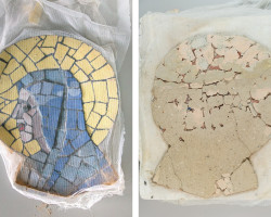 Fragmenty XX-wiecznych mozaik zdjętych w klasztorze sióstr Klarysek w Kłodzku, opracowywane przez studentki Ewę Krasodomską oraz Annę Litwin (IV rok), Pracownia Przenoszenia i Rozwarstwiania Malowideł Ściennych, rok akademicki 2020/2021, fot. mgr Oskar Hanusek Fragmenty XX-wiecznych mozaik zdjętych w klasztorze sióstr Klarysek w Kłodzku, opracowywane przez studentki Ewę Krasodomską oraz Annę Litwin (IV rok), Pracownia Przenoszenia i Rozwarstwiania Malowideł Ściennych, rok akademicki 2020/2021, fot. mgr Oskar Hanusek