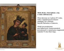 Zdjęcie w świetle widzialnym obrazu „Matka Boska z Dzieciątkiem z różą w ramie relikwiarzowej" , Zakład Chemii i Fizyki Konserwatorskiej, rok akademicki 2020/2021, fot. Paweł Gąsior