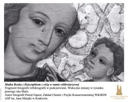 Zdjęcie w podczerwieni obrazu „Matka Boska z Dzieciątkiem z różą w ramie relikwiarzowej" , Zakład Chemii i Fizyki Konserwatorskiej, rok akademicki 2020/2021, fot. Paweł Gąsior