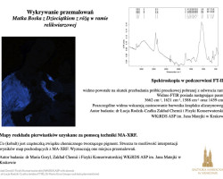 Widmo FTIR oraz mapa rozkładu pierwiastków uzyskana za pomocą techniki MA-XRF dla obrazu „Matka Boska z Dzieciątkiem z różą w ramie relikwiarzowej" , Zakład Chemii i Fizyki Konserwatorskiej, rok akademicki 2020/2021, fot. dr Łucja Rodzik-Czałka (widmo FTIR), Dr Maria Goryl (mapa rozkładu pierwiastków)