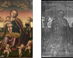 Zdjęcie w świetle widzialnym oraz zdjęcie rentgenowskie obrazu przedstawiającego Madonnę z Dzieciątkiem Jezus w otoczeniu tańczących aniołków, Zakład Chemii i Fizyki Konserwatorskiej, rok akademicki 2020/2021, fot. Paweł Gąsior, mgr inż. Anna Mikołajska