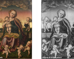 Zdjęcie w świetle widzialnym oraz zdjęcie w podczerwieni obrazu przedstawiającego Madonnę z Dzieciątkiem Jezus w otoczeniu tańczących aniołków, Zakład Chemii i Fizyki Konserwatorskiej, rok akademicki 2020/2021, fot. Paweł Gąsior