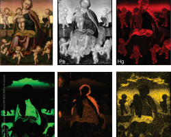 Mapy rozkładu pierwiastków uzyskane przy pomocy makroskanera fluorescencji rentgenowskiej (MA-XRF) obrazu przedstawiającego Madonnę z Dzieciątkiem Jezus w otoczeniu tańczących aniołków, Zakład Chemii i Fizyki Konserwatorskiej, rok akademicki 2020/2021, fot. dr Maria Goryl
